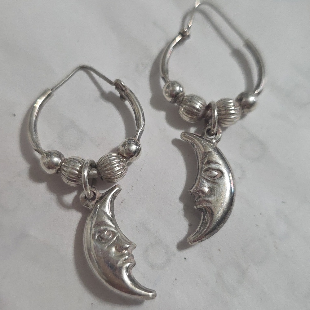 Vintage 925 Moon Hoop Earrings - Picture 2 of 7